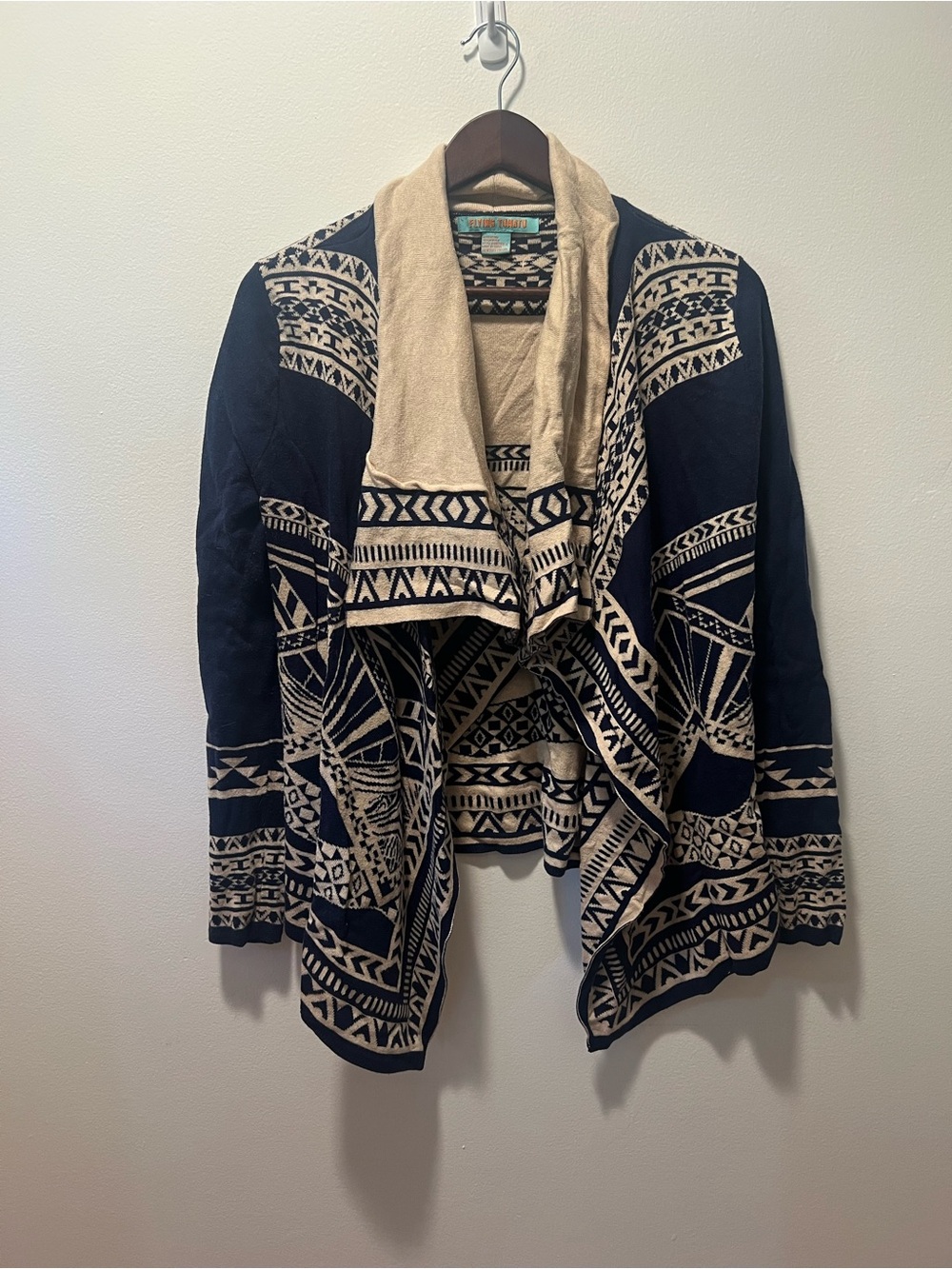 Flying Tomato Navy and Cream Tribal Open-Front Cardigan